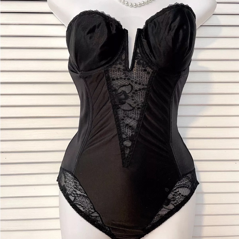 Vtg Victoria's Secret Black Corset Gold Label 80’s Bustier 36b Low V Lace & Back